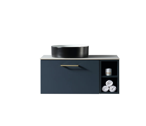 Piatta 800mm Wall Hung Vanity w. Side Storage & Left Hand Sintered Stone Counter Top - Midnight Shadow