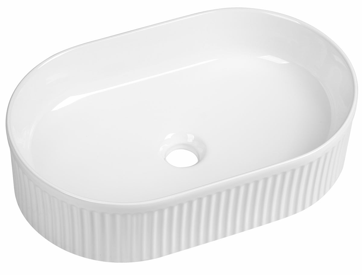 Flauto Fluted Oval Countertop Basin - Gloss White - d310xw490mm - product image 2