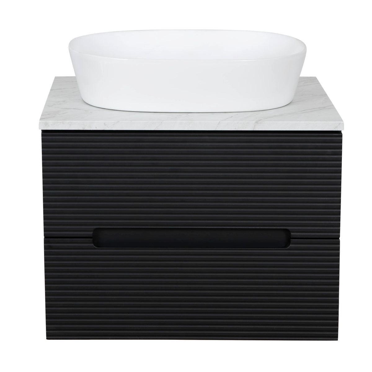 Monza Plus 600mm Fluted Wall Hung Vanity & Countertop - Matte Black/Grey Marble