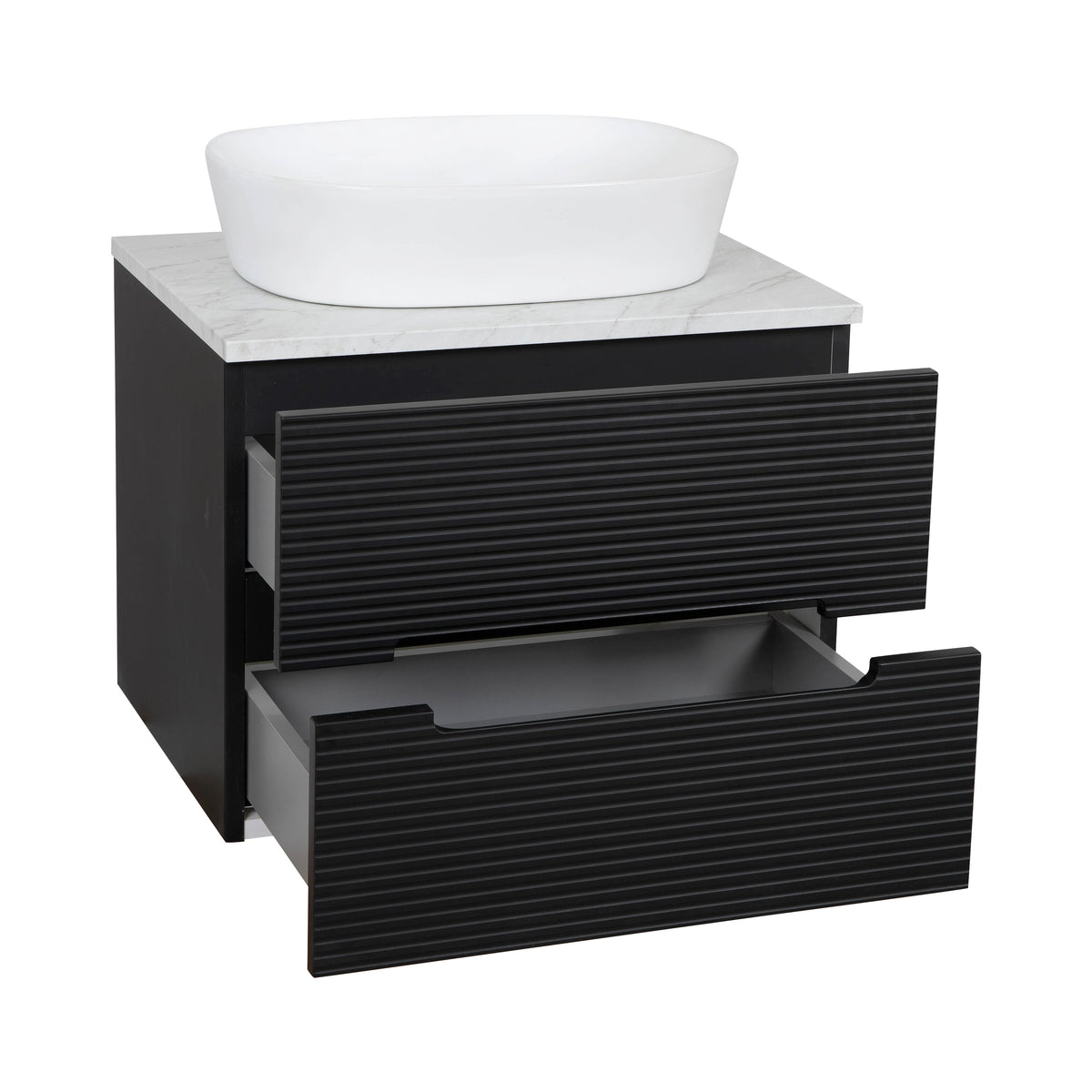 Monza Plus 600mm Fluted Wall Hung Vanity & Countertop - Matte Black/Grey Marble