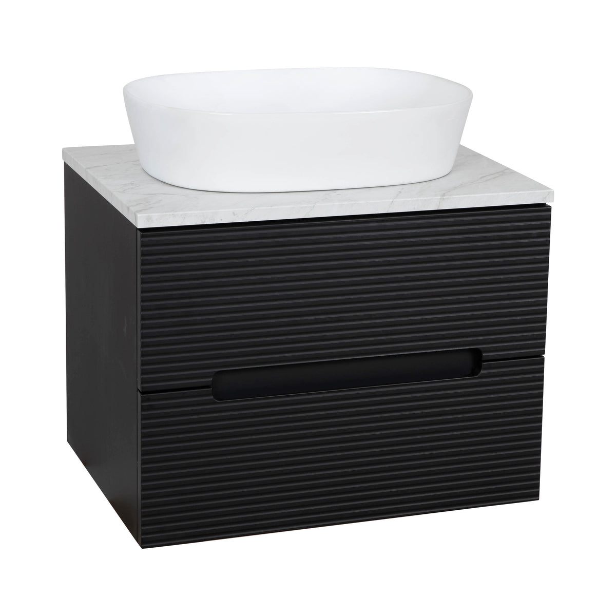 Monza Plus 600mm Fluted Wall Hung Vanity & Countertop - Matte Black/Grey Marble