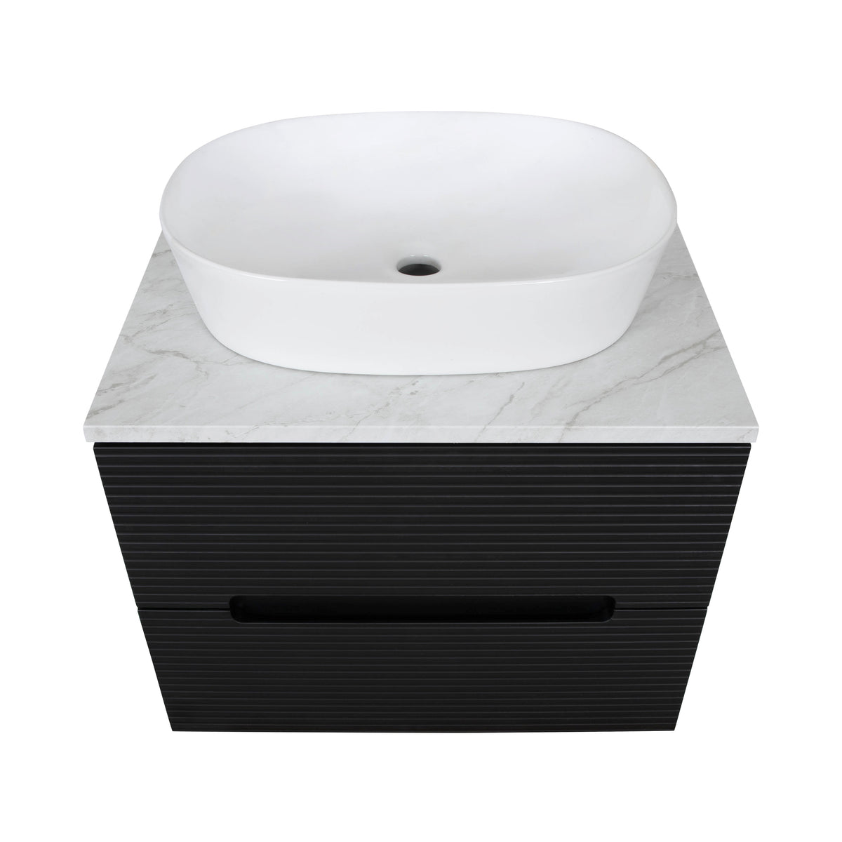 Monza Plus 600mm Fluted Wall Hung Vanity & Countertop - Matte Black/Grey Marble