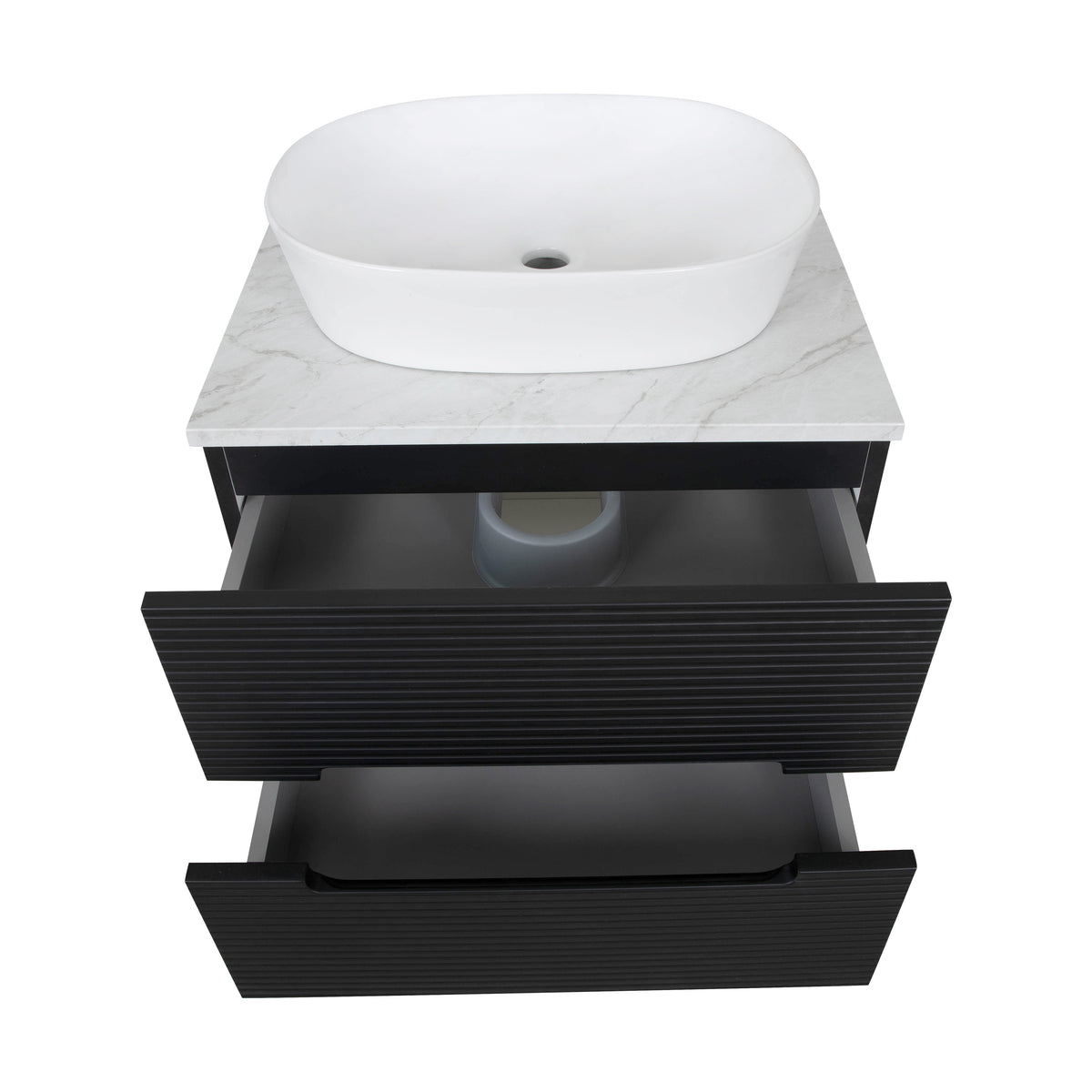 Monza Plus 600mm Fluted Wall Hung Vanity & Countertop - Matte Black/Grey Marble