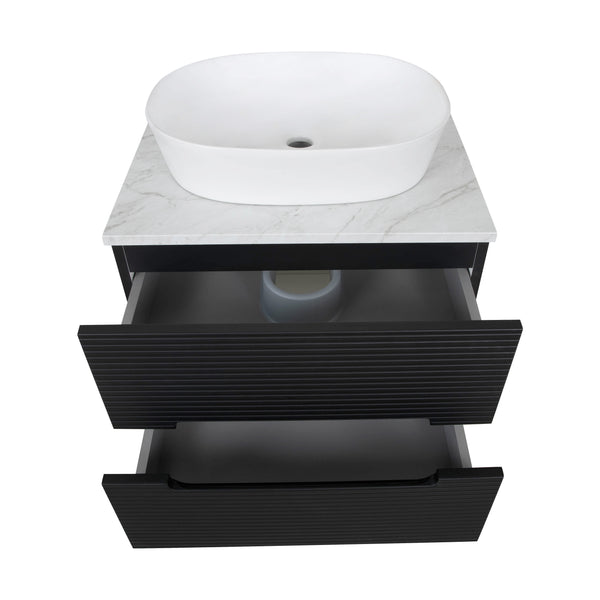 Monza Plus 600mm Fluted Wall Hung Vanity & Counter Top - Matte Black/Grey Marble