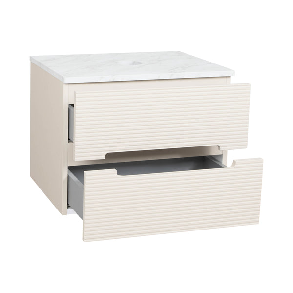 Monza Plus 600mm Fluted Wall Hung Vanity & Counter Top - Warm Oatmeal/Grey Marble