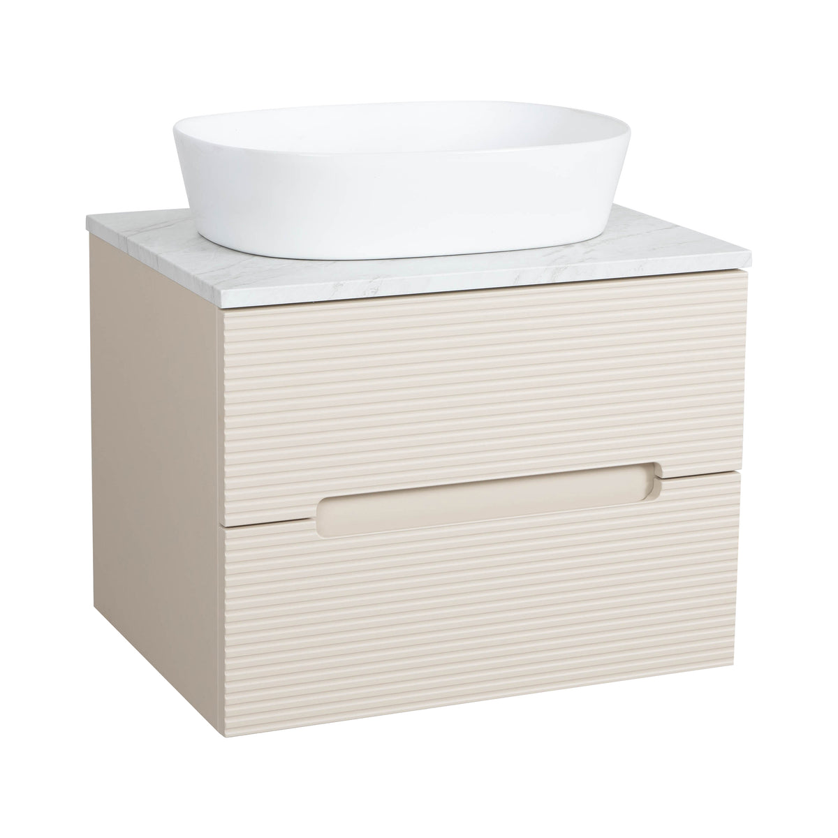 Monza Plus 600mm Fluted Wall Hung Vanity & Countertop - Warm Oatmeal/Grey Marble