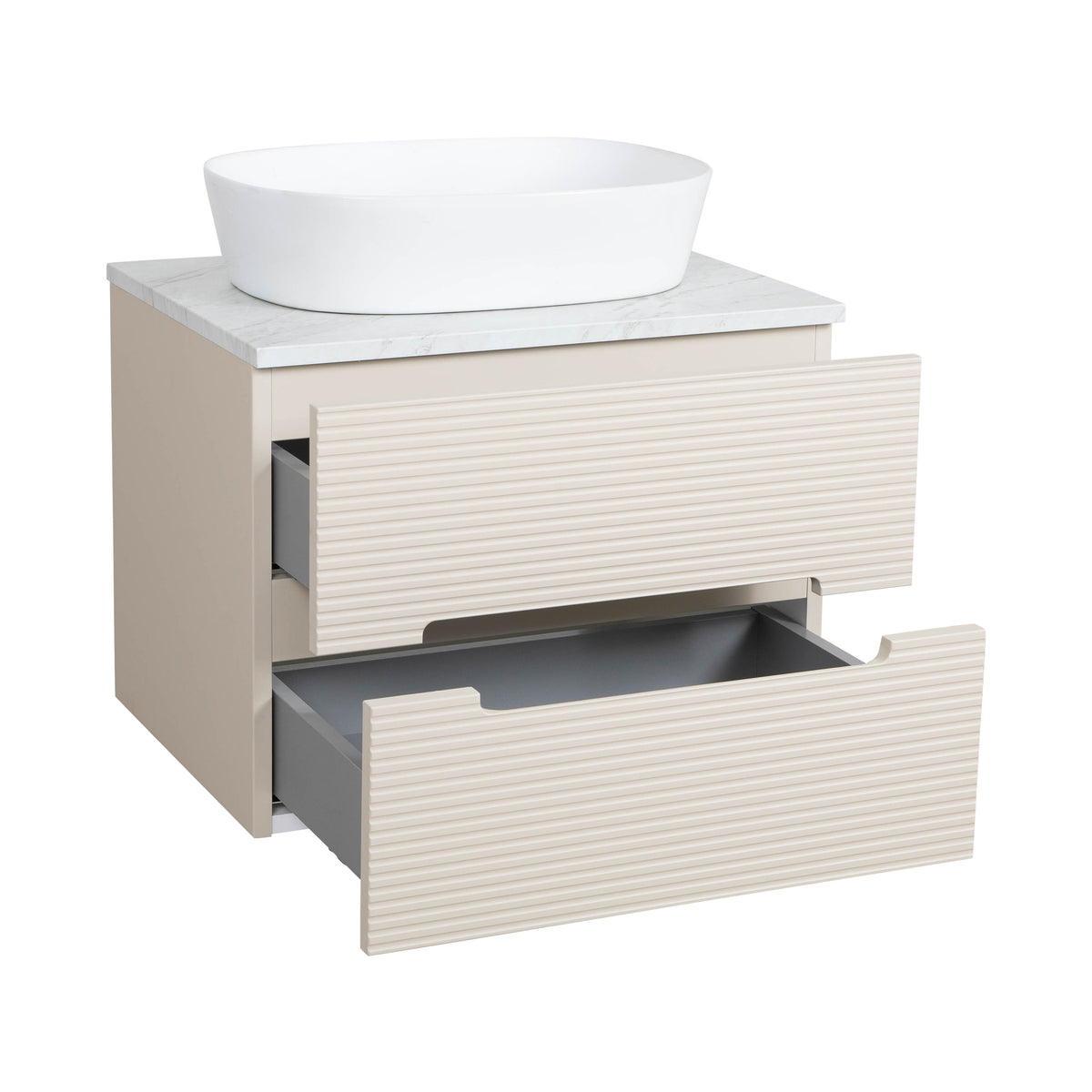 Monza Plus 600mm Fluted Wall Hung Vanity & Countertop - Warm Oatmeal/Grey Marble