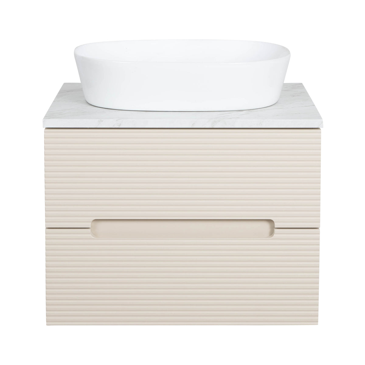Monza Plus 600mm Fluted Wall Hung Vanity & Countertop - Warm Oatmeal/Grey Marble