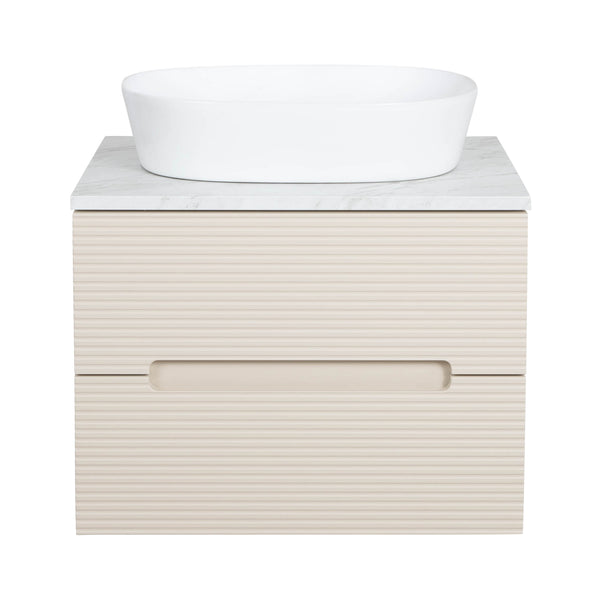 Monza Plus 600mm Fluted Wall Hung Vanity & Counter Top - Warm Oatmeal/Grey Marble
