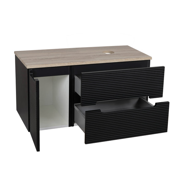 Monza Plus 900mm Fluted Wall Hung Vanity & Counter Top - Matte Black/Country Oak