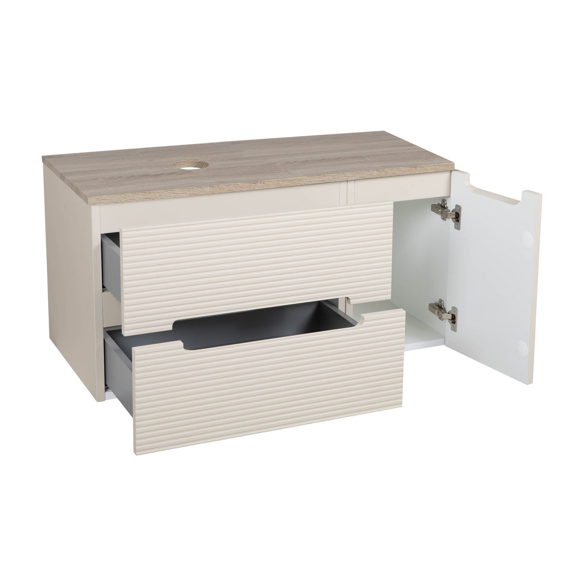 Monza Plus 900mm Fluted Wall Hung Vanity & Countertop - Warm Oatmeal/Country Oak
