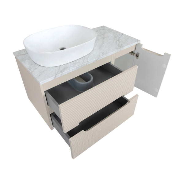 Monza Plus 900mm Fluted Wall Hung Vanity & Counter Top - Warm Oatmeal/Grey Marble