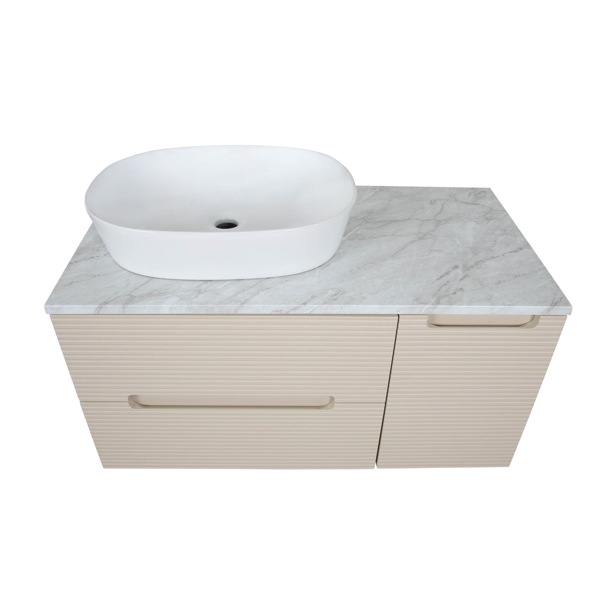 Monza Plus 900mm Fluted Wall Hung Vanity & Countertop - Warm Oatmeal/Grey Marble