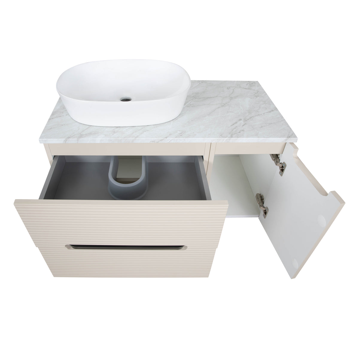 Monza Plus 900mm Fluted Wall Hung Vanity & Countertop - Warm Oatmeal/Grey Marble