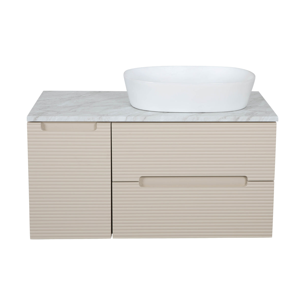 Monza Plus 900mm Fluted Wall Hung Vanity & Countertop - Warm Oatmeal/Grey Marble