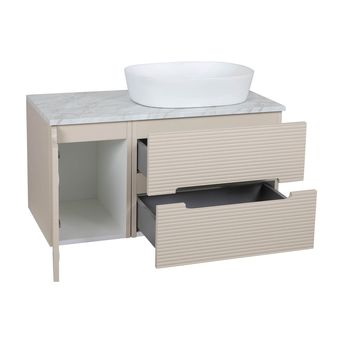 Monza Plus 900mm Fluted Wall Hung Vanity & Countertop - Warm Oatmeal/Grey Marble