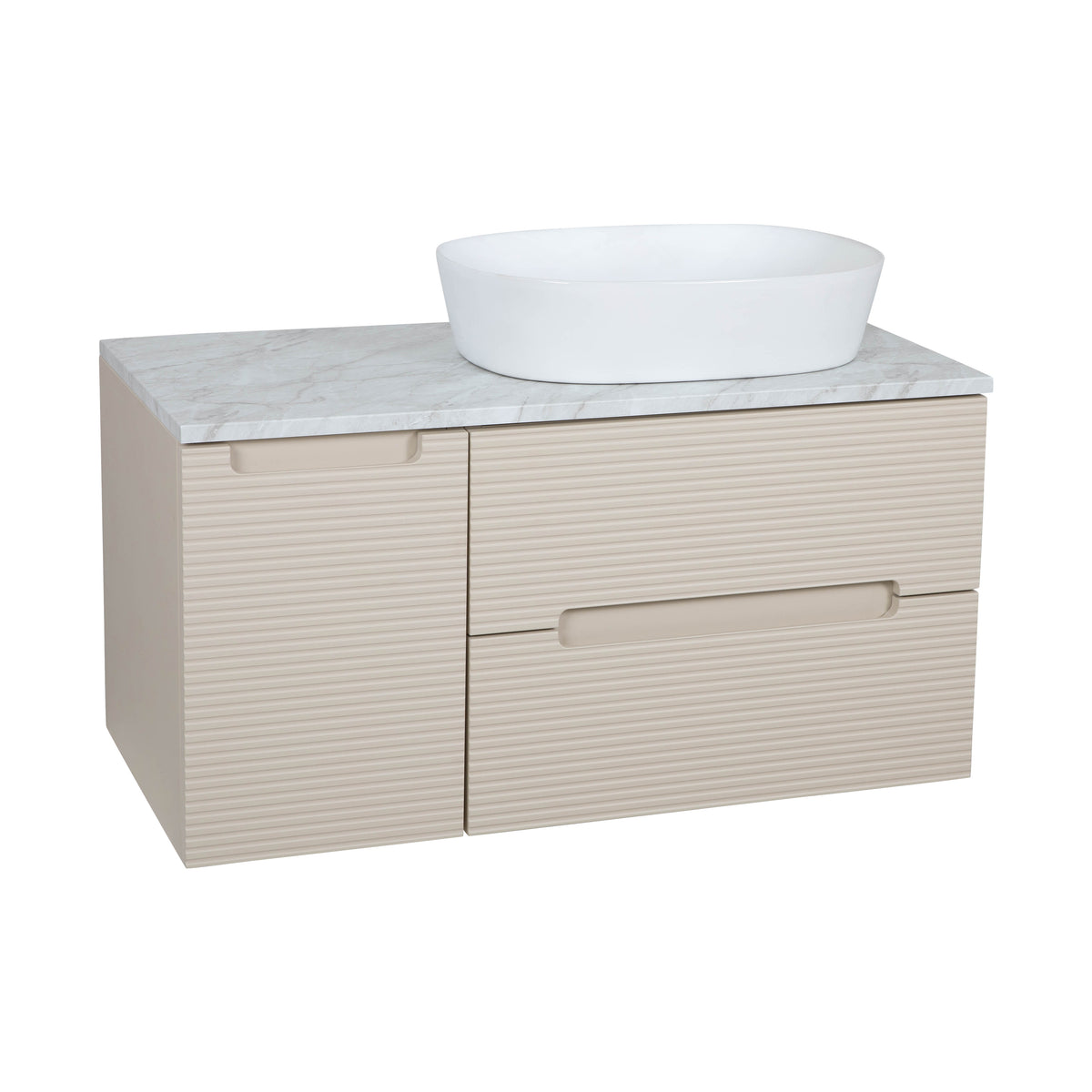 Monza Plus 900mm Fluted Wall Hung Vanity & Countertop - Warm Oatmeal/Grey Marble