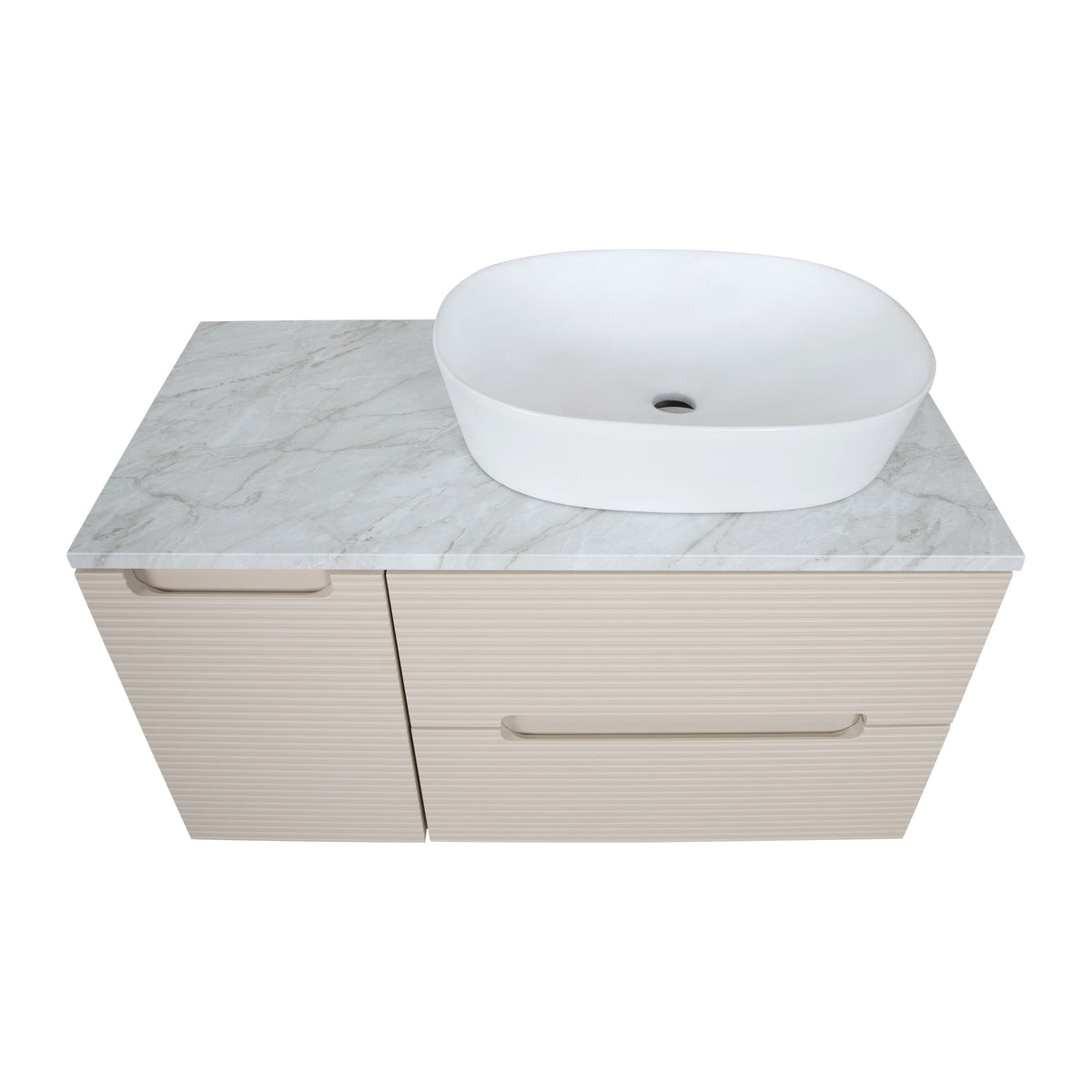 Monza Plus 900mm Fluted Wall Hung Vanity & Countertop - Warm Oatmeal/Grey Marble