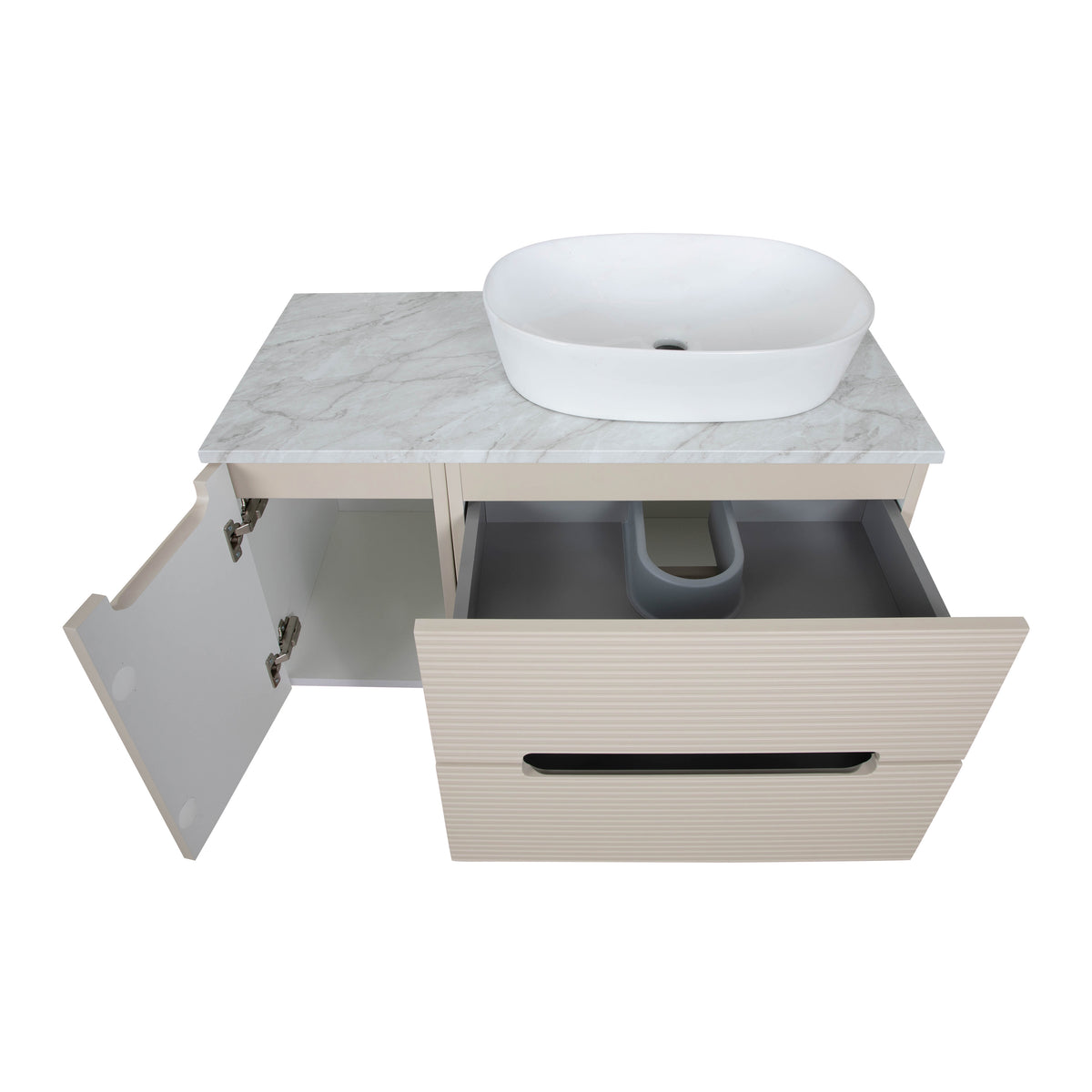 Monza Plus 900mm Fluted Wall Hung Vanity & Countertop - Warm Oatmeal/Grey Marble