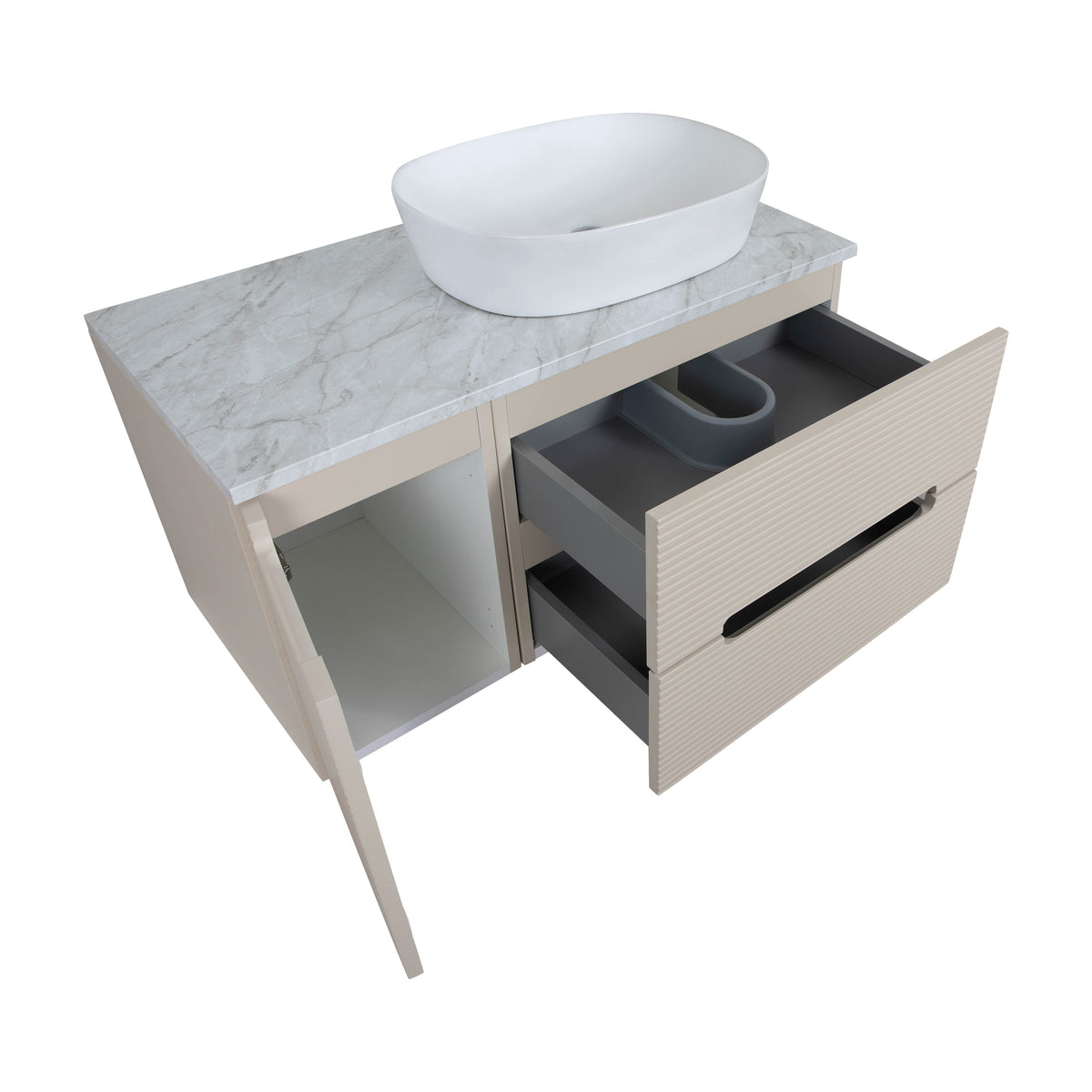 Monza Plus 900mm Fluted Wall Hung Vanity & Countertop - Warm Oatmeal/Grey Marble