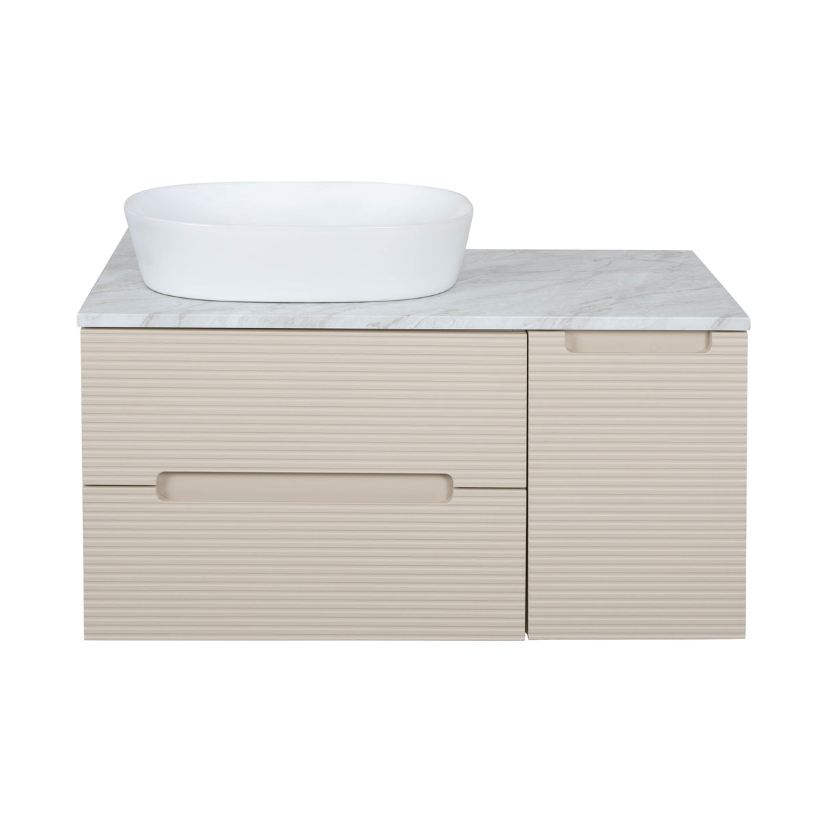 Monza Plus 900mm Fluted Wall Hung Vanity & Countertop - Warm Oatmeal/Grey Marble