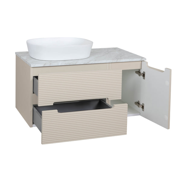 Monza Plus 900mm Fluted Wall Hung Vanity & Counter Top - Warm Oatmeal/Grey Marble