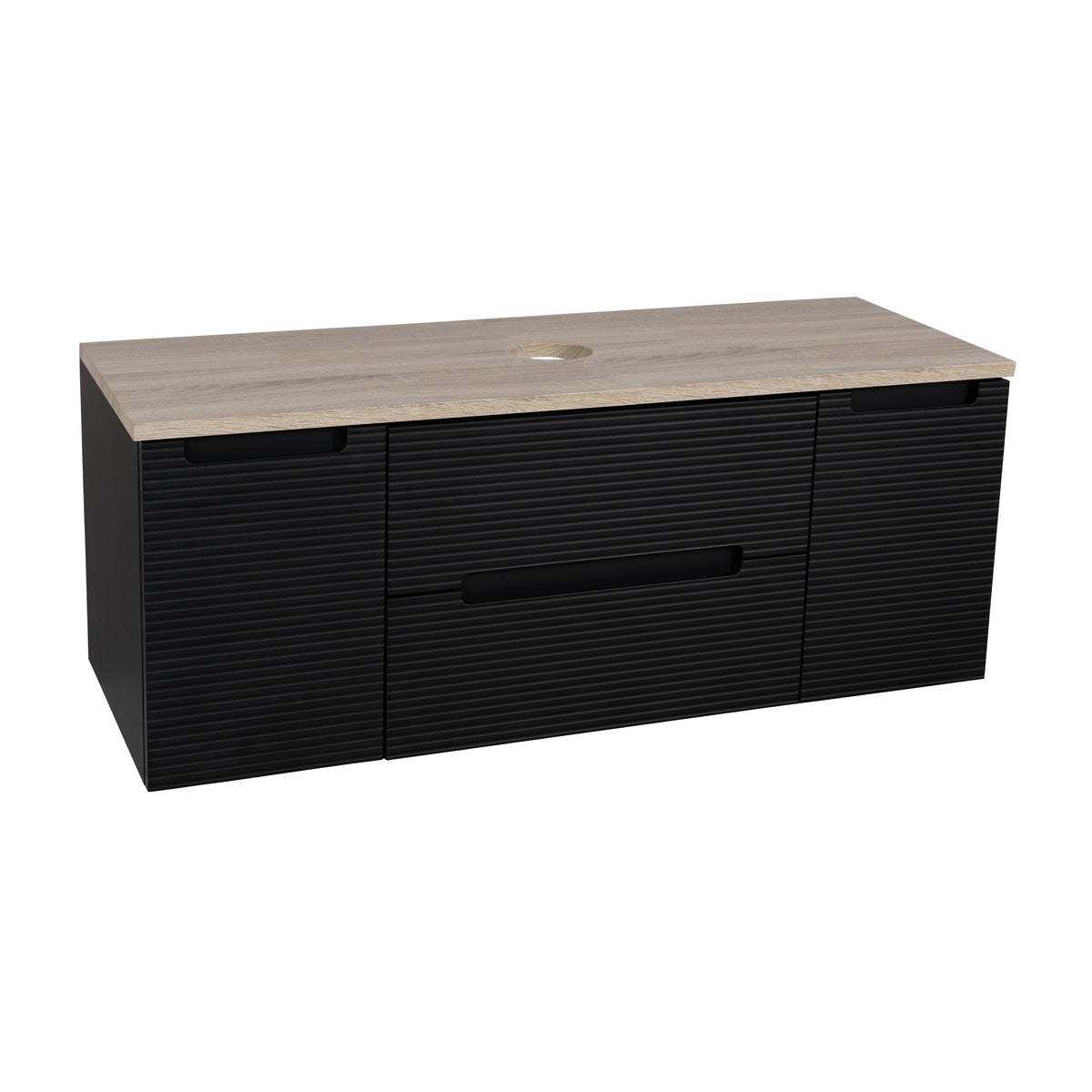 Monza Plus 1200mm Fluted Wall Hung Vanity with 2 Side Cabinets & Countertop - Matte Black/Country Oak