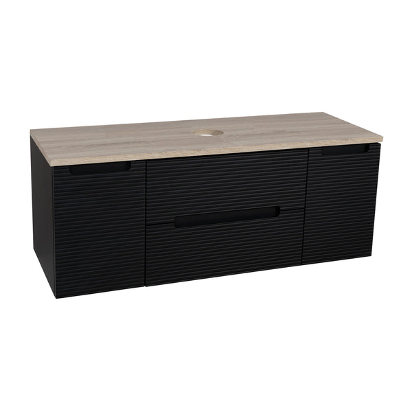 Monza Plus 1200mm Fluted Wall Hung Vanity w. 2 Side Cabinets & Counter Top - Matte Black/Country Oak