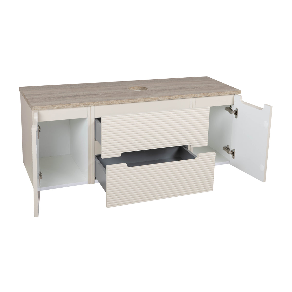 Monza Plus 1200mm Fluted Wall Hung Vanity with 2 Side Cabinets & Countertop - Warm Oatmeal/Country Oak