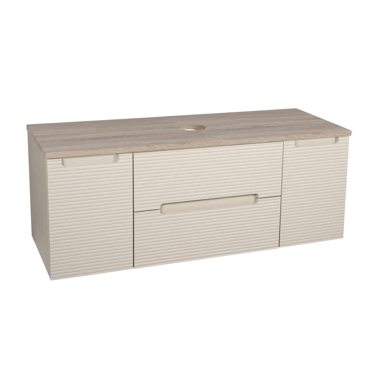 Monza Plus 1200mm Fluted Wall Hung Vanity with 2 Side Cabinets & Countertop - Warm Oatmeal/Country Oak