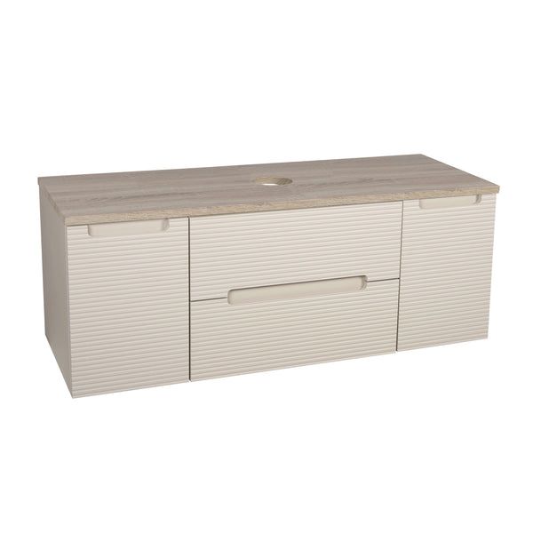 Monza Plus 1200mm Fluted Wall Hung Vanity w. 2 Side Cabinets & Counter Top - Warm Oatmeal/Country Oak