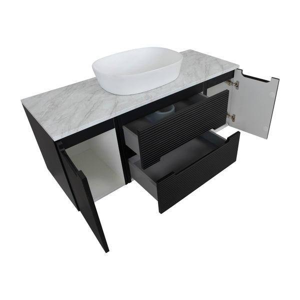 Monza Plus 1200mm Fluted Wall Hung Vanity w. 2 Side Cabinets & Counter Top - Matte Black/Grey Marble