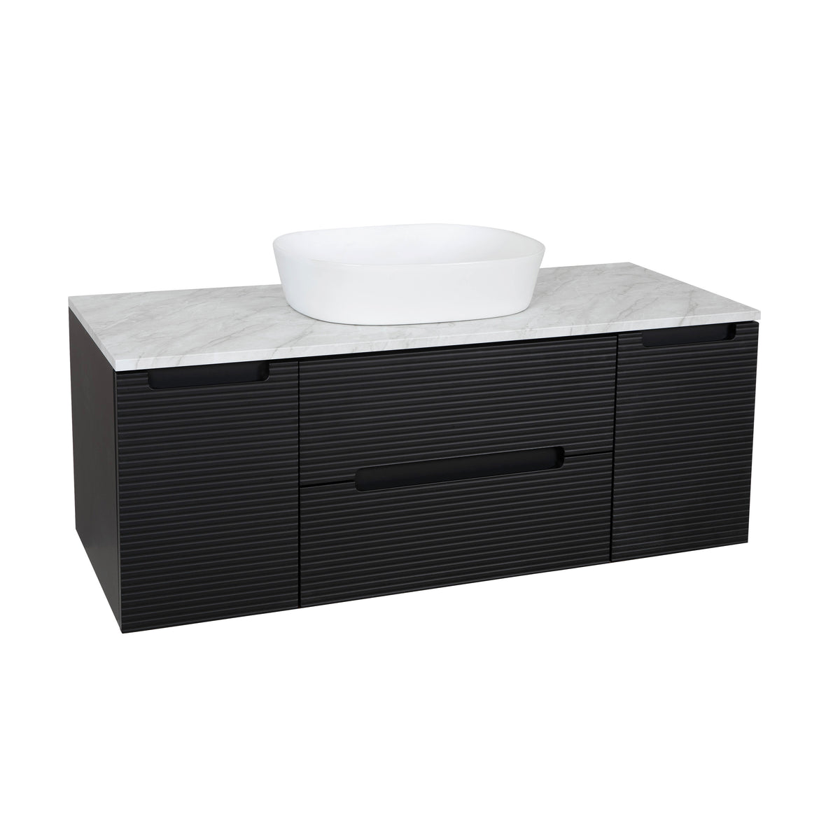 Monza Plus 1200mm Fluted Wall Hung Vanity with 2 Side Cabinets & Countertop - Matte Black/Grey Marble