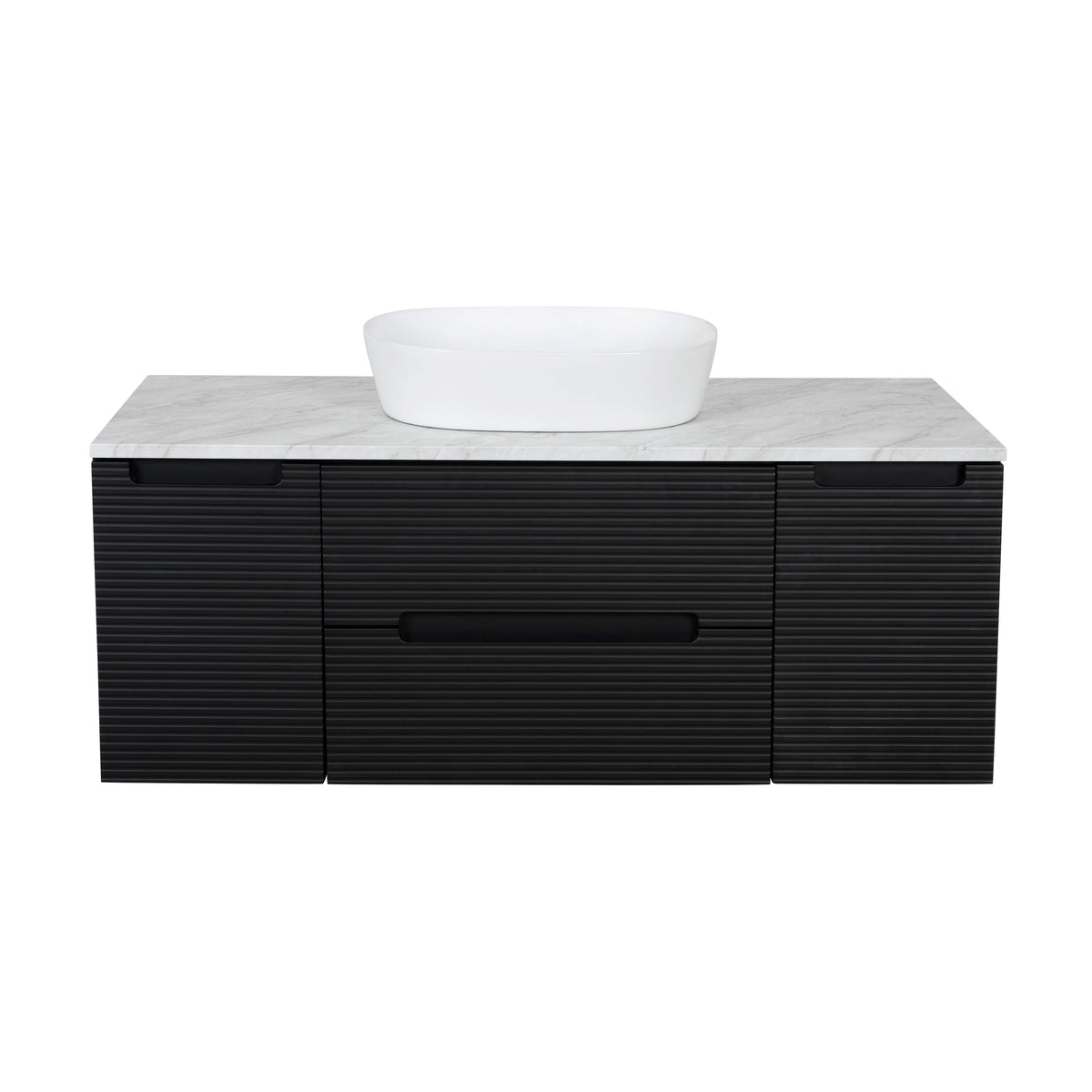 Monza Plus 1200mm Fluted Wall Hung Vanity with 2 Side Cabinets & Countertop - Matte Black/Grey Marble