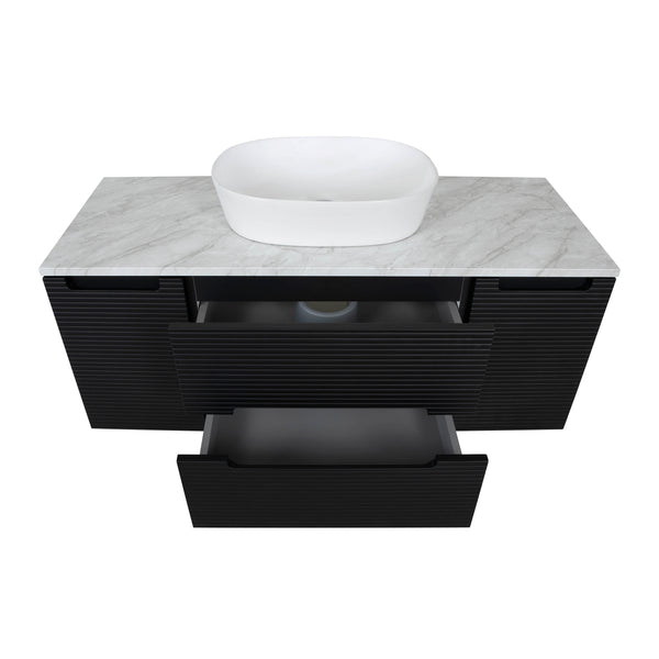 Monza Plus 1200mm Fluted Wall Hung Vanity w. 2 Side Cabinets & Counter Top - Matte Black/Grey Marble