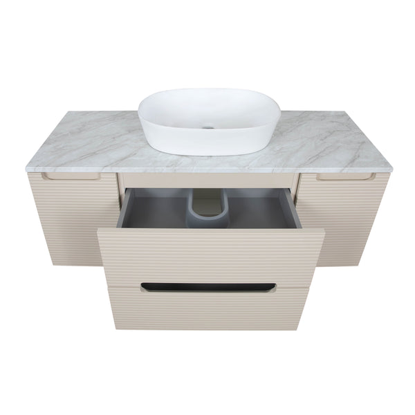 Monza Plus 1200mm Fluted Wall Hung Vanity w. 2 Side Cabinets & Counter Top - Warm Oatmeal/Grey Marble