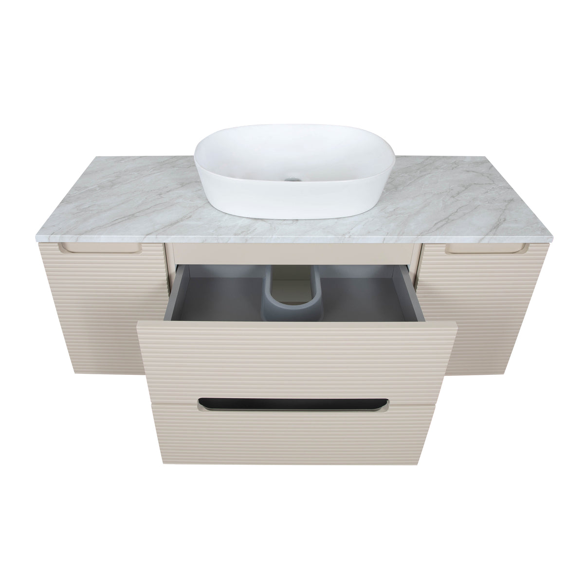 Monza Plus 1200mm Fluted Wall Hung Vanity w. 2 Side Cabinets & Counter Top - Warm Oatmeal/Grey Marble