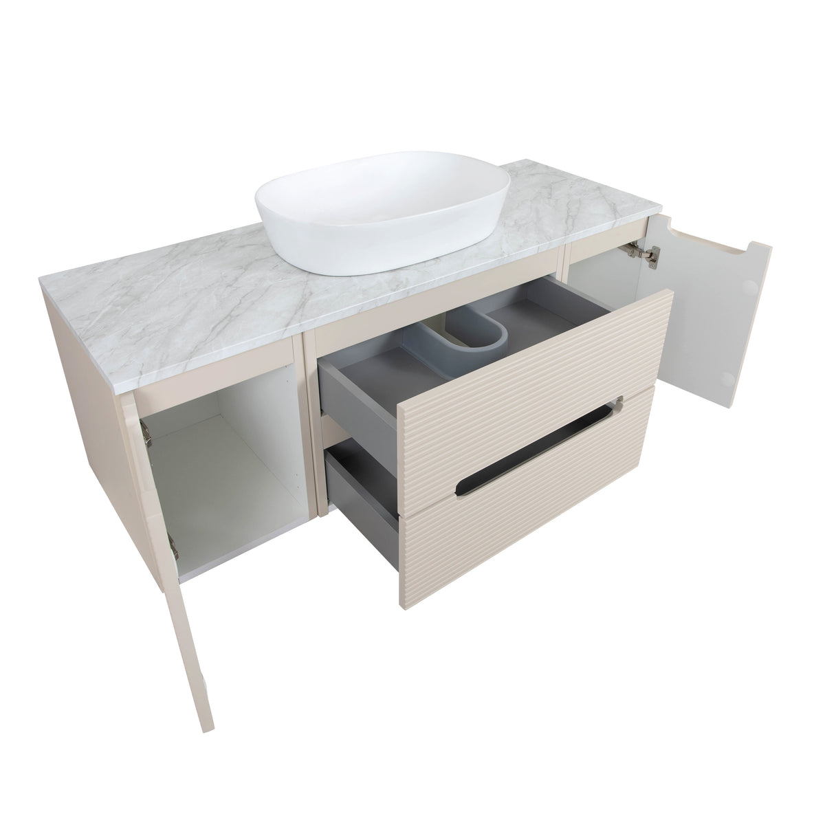 Monza Plus 1200mm Fluted Wall Hung Vanity with 2 Side Cabinets & Countertop - Warm Oatmeal/Grey Marble