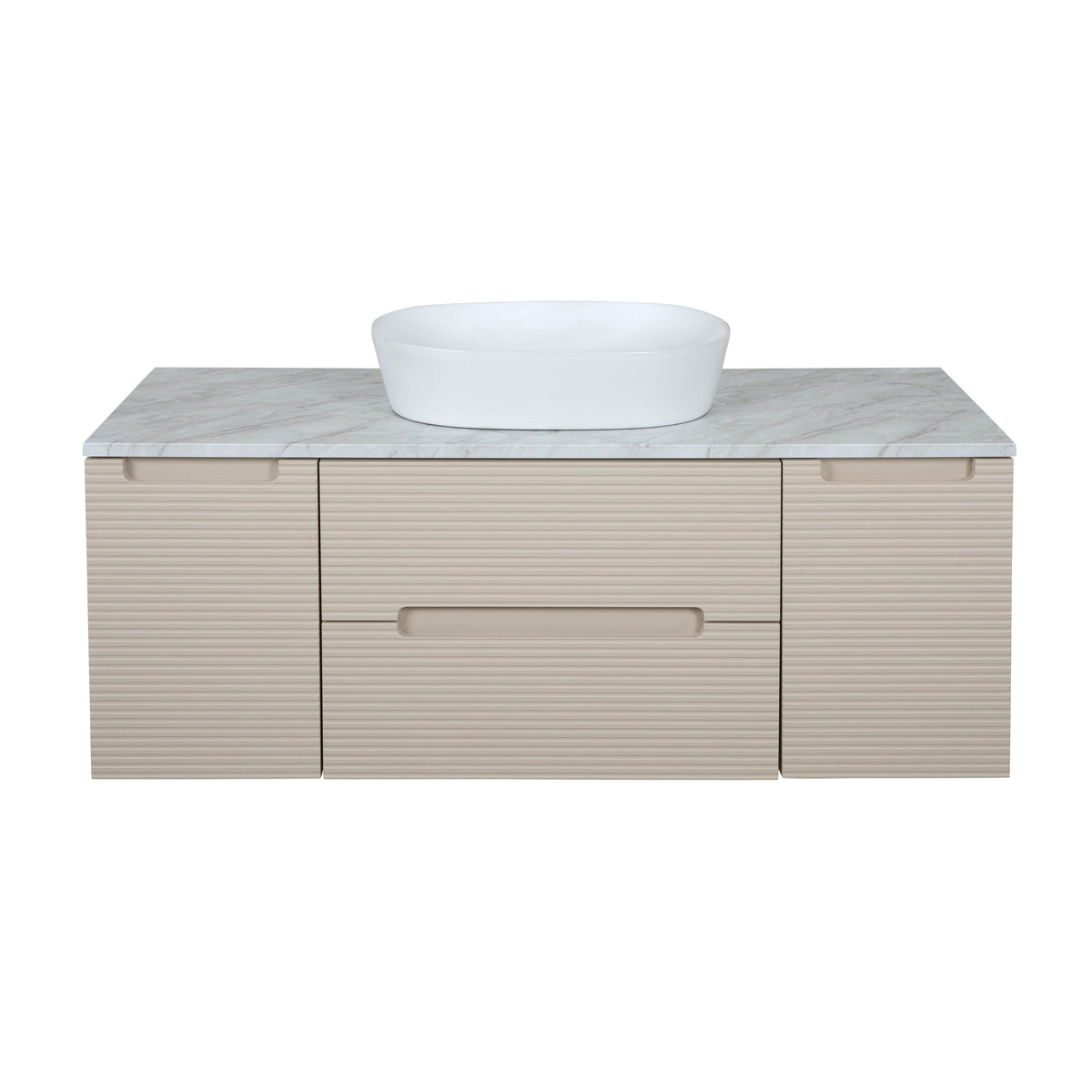 Monza Plus 1200mm Fluted Wall Hung Vanity with 2 Side Cabinets & Countertop - Warm Oatmeal/Grey Marble