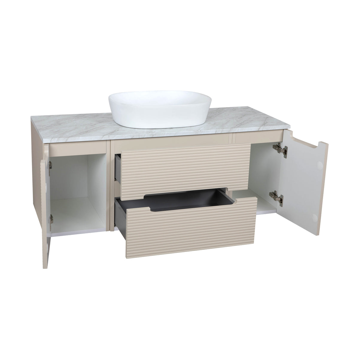 Monza Plus 1200mm Fluted Wall Hung Vanity with 2 Side Cabinets & Countertop - Warm Oatmeal/Grey Marble