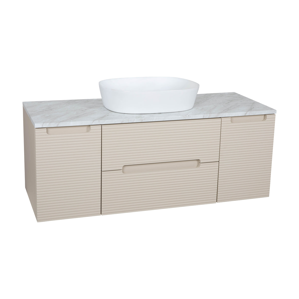 Monza Plus 1200mm Fluted Wall Hung Vanity with 2 Side Cabinets & Countertop - Warm Oatmeal/Grey Marble