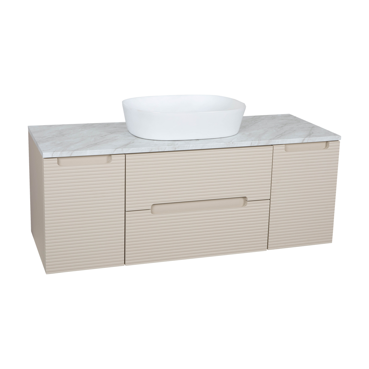 Monza Plus 1200mm Fluted Wall Hung Vanity with 2 Side Cabinets & Countertop - Warm Oatmeal/Grey Marble
