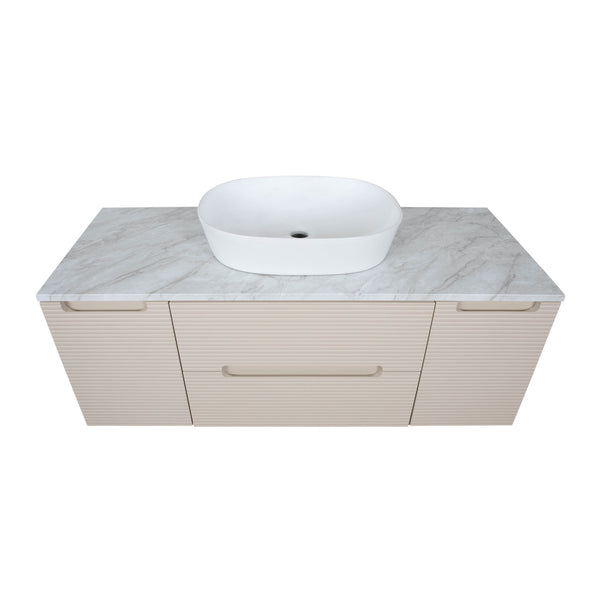 Monza Plus 1200mm Fluted Wall Hung Vanity w. 2 Side Cabinets & Counter Top - Warm Oatmeal/Grey Marble