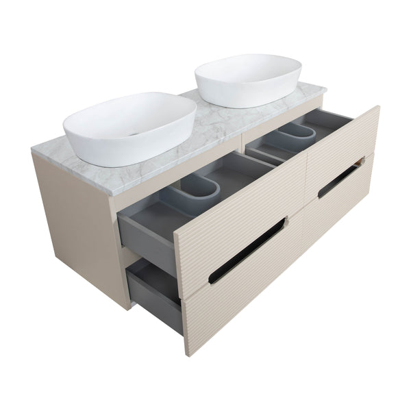 Monza Plus 1200mm Fluted Wall Hung Double Vanity w. Counter Top - Warm Oatmeal/Grey Marble