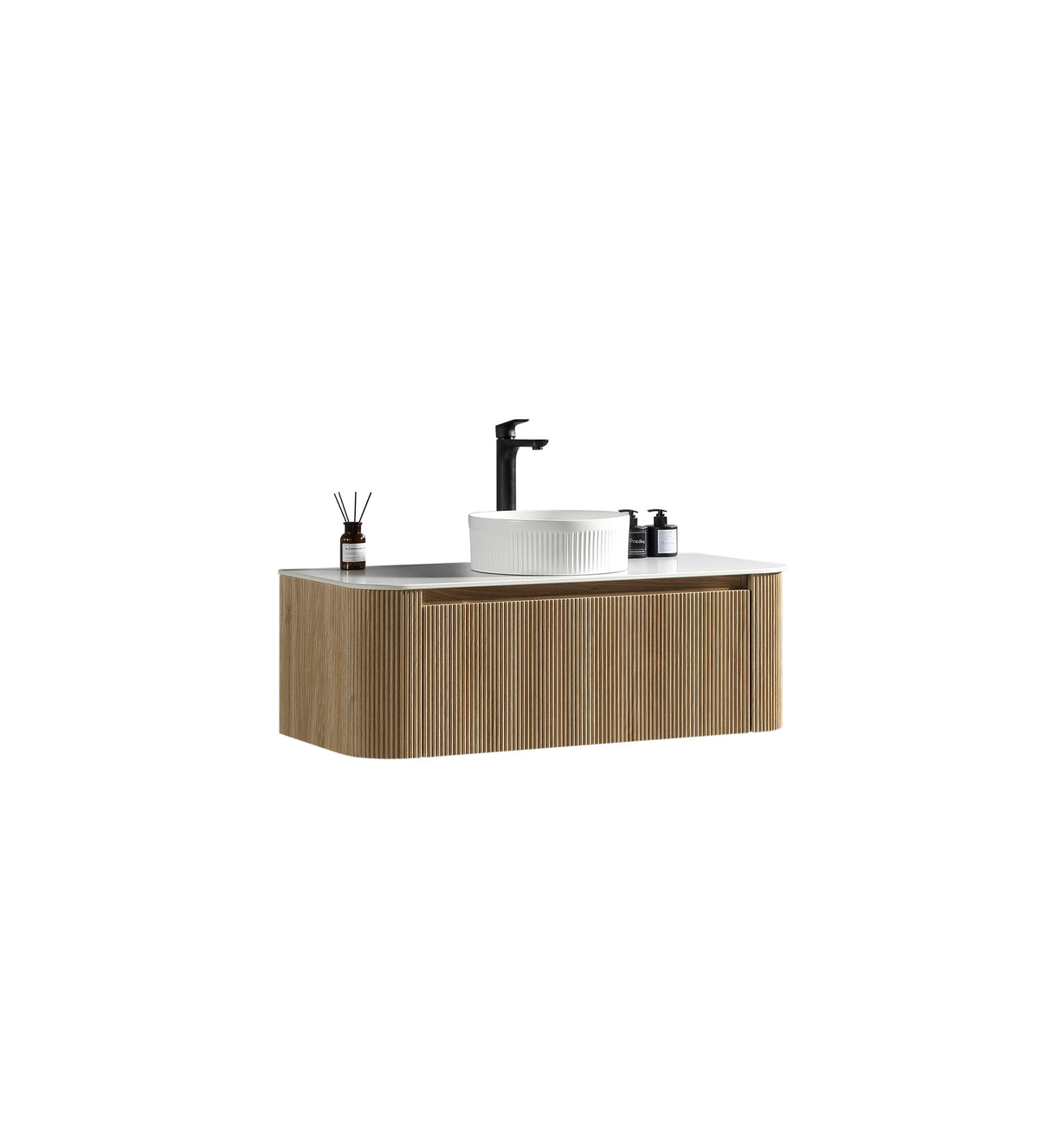 Flauto 1070mm Wall Hung Curve Corner Vanity w. Sintered Stone Counter Top -  Country Oak