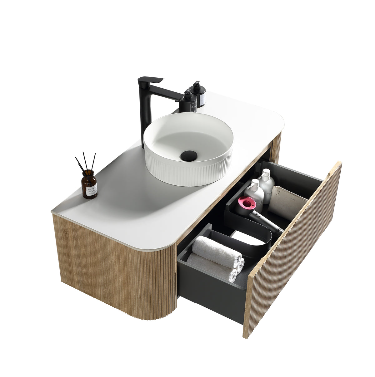 Flauto 1070mm Wall Hung Curve Corner Vanity with Sintered Stone Countertop - Country Oak