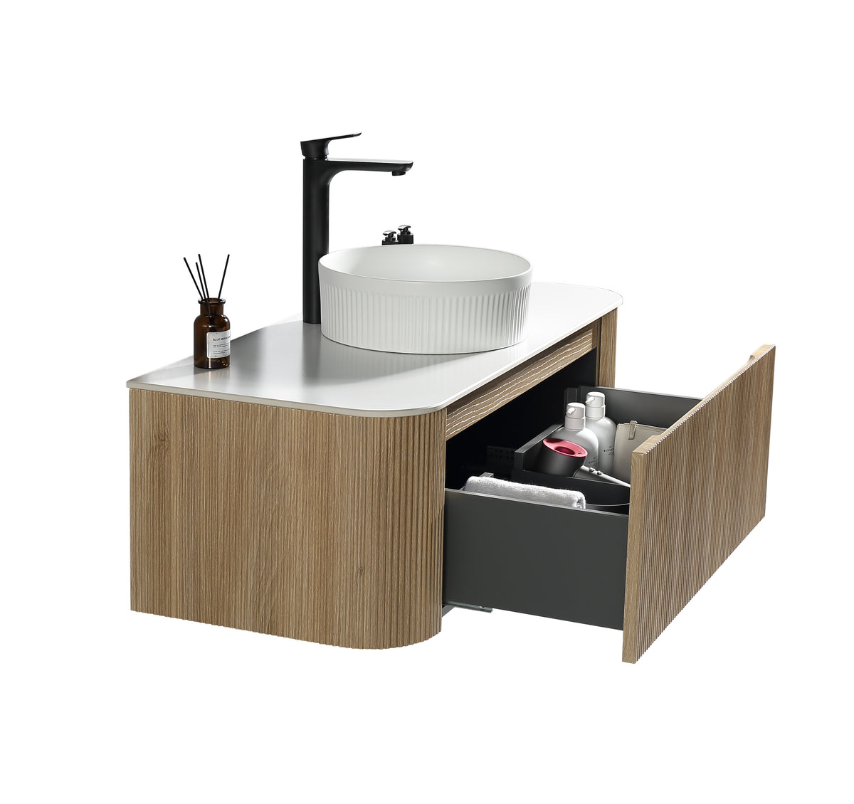Flauto 1070mm Wall Hung Curve Corner Vanity with Sintered Stone Countertop - Country Oak