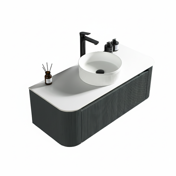 Flauto 1070mm Wall Hung Curve Corner Vanity w. Sintered Stone Counter Top - Smoked Sage