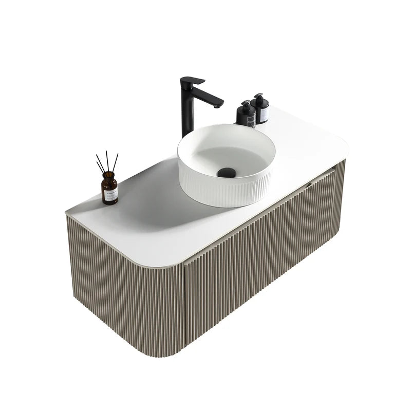 Flauto 1070mm Wall Hung Curve Corner Vanity with Sintered Stone Countertop - Soft Coffee