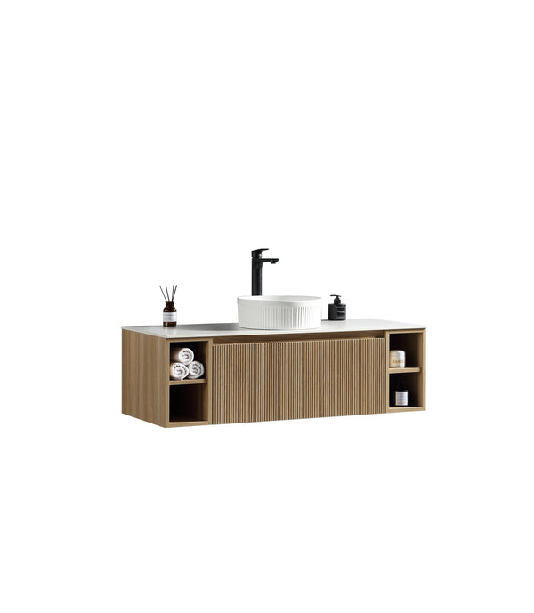 Flauto 1200mm Wall Hung Vanity w. 2 Side Storage & Sintered Stone Counter Top - Country Oak